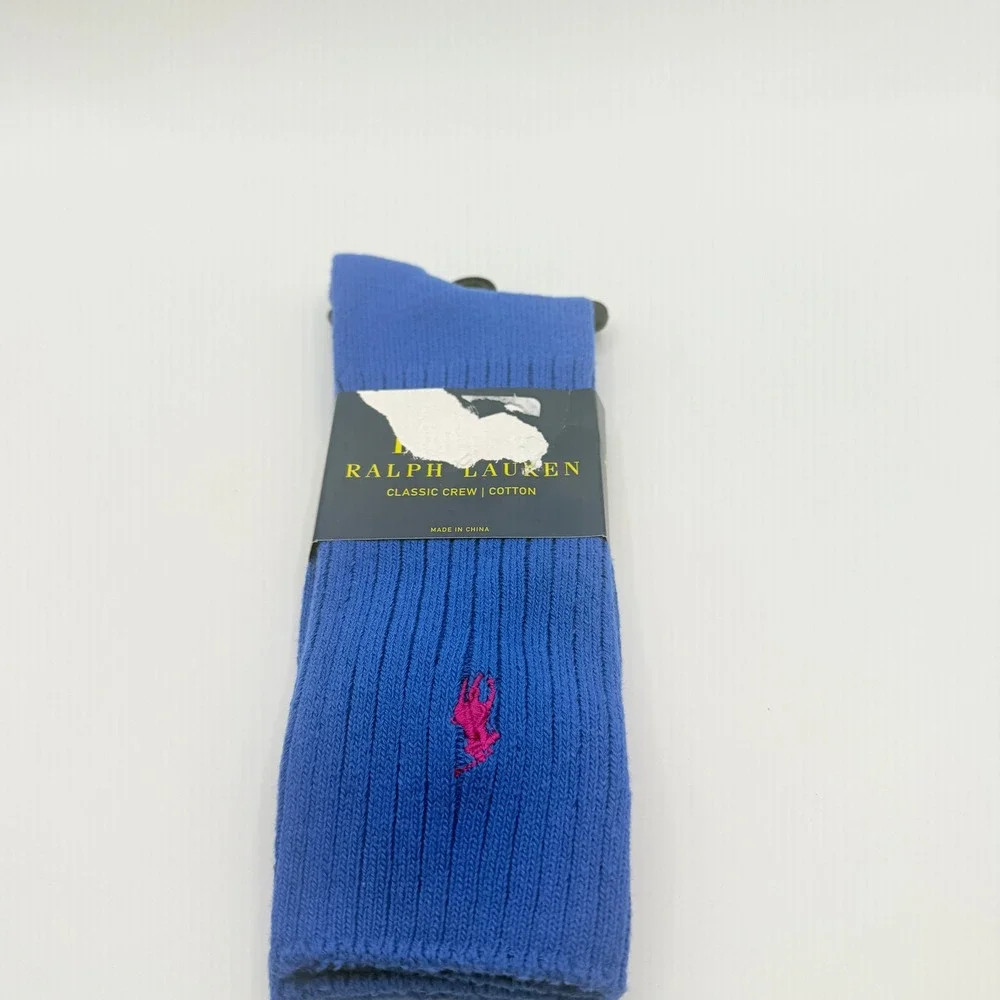 Polo Ralph Lauren Crew Socks Mens One Size Blue Pink Pony Logo Ribbed Cotton NEW